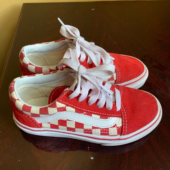 low red checkerboard vans